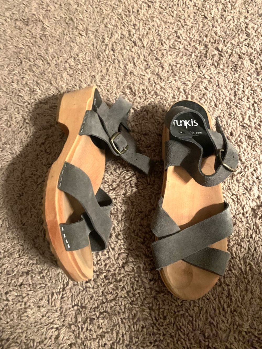 Funkis Swidden Wooded Clogs Sandals Suede Leather Grey Brown